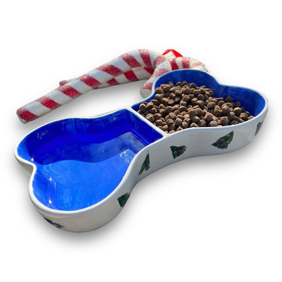 Dog Dish Shaped like a Bone with Christmas Trees & Blue Enterior - Picture 8 of 8